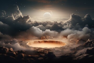 Futuristic sky volcano podium for product display. Clouds and space promotion.