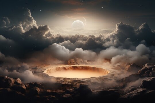 Futuristic sky volcano podium for product display. Clouds and space promotion.