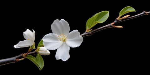 A close-up view of a white flower on a branch. This image can be used for various purposes