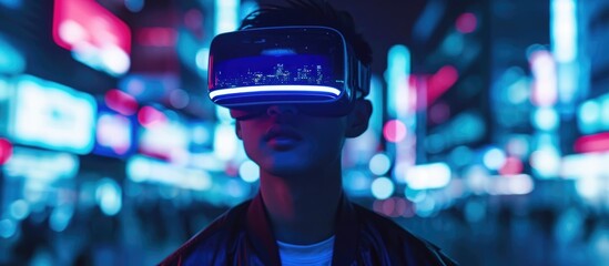 Asian hacker using virtual reality glasses at night to create malware and hack government servers....