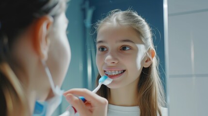 A young girl is seen brushing her teeth in front of a mirror. This image can be used to promote dental hygiene and personal care products