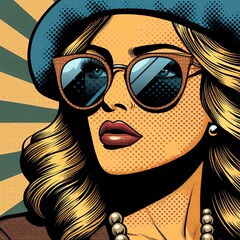 Retro Pop Art Woman with Beret and Sunglasses