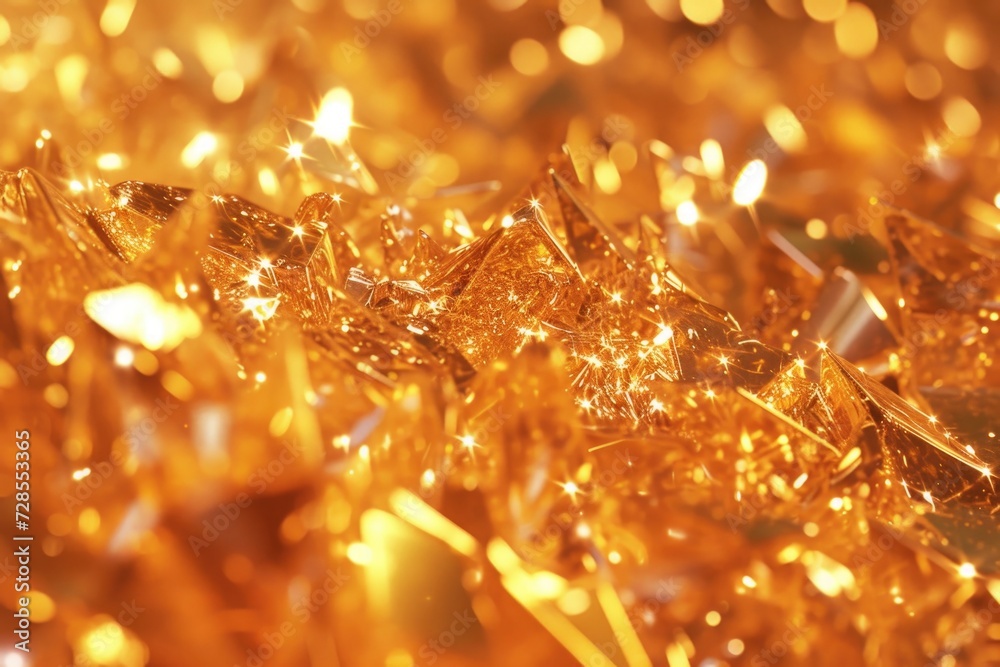 Poster A close-up view of a bunch of gold glitter. Perfect for adding a touch of sparkle and glamour to any project