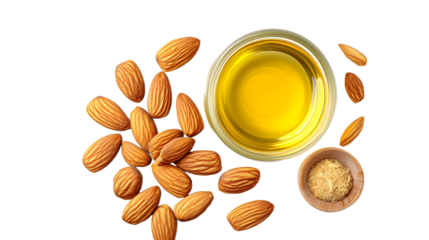 Almond oil with almond nuts isolate on white background.