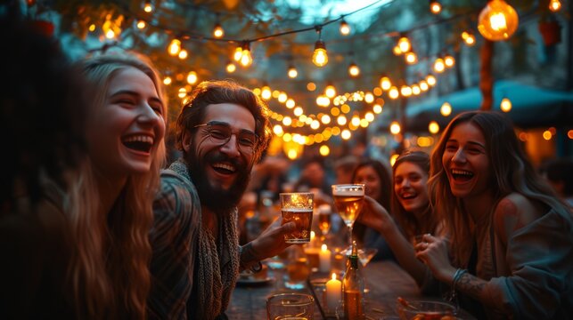 "Groupe joyeux à une fête en plein air, ambiance festive et conviviale"