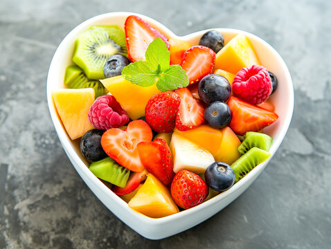 fruit salad in a heart-shaped bowl, summer fruits
