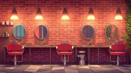A room with a brick wall and a row of red chairs. Suitable for interior design and architectural concepts