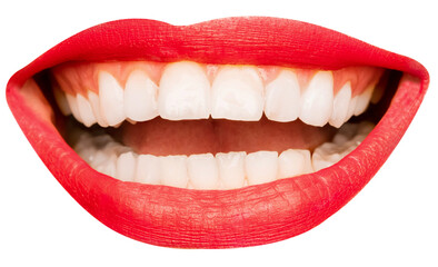 Open female mouth with white teeth, red lipstick isolated over transparent background. Smiling,...