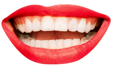 Open female mouth with white teeth, red lipstick isolated over transparent background. Smiling, positive emotions, health. Concept of human emotions, face part, makeup, dental care