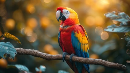 Parrot sitting on branch in the woods 