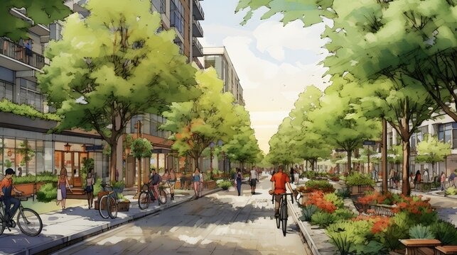 Drawing of street with sustainable urban design featuring eco-friendly elements, people on bicycle and modern buildings with green plants and trees
