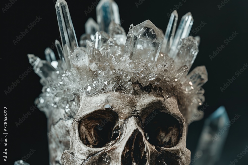 Poster A close up of a skull with sparkling crystals on its head. This unique image can be used to add an edgy and mystical touch to various projects