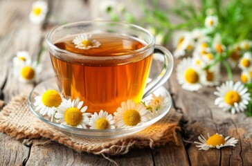 A warm cup of chamomile tea sitting on a simple wooden table