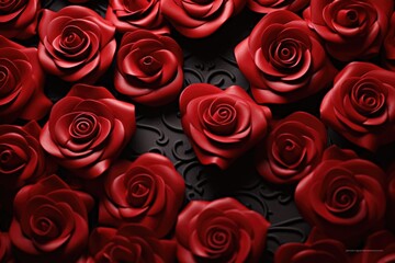 A bunch of red roses sitting on top of a table. Perfect for floral arrangements and romantic occasions