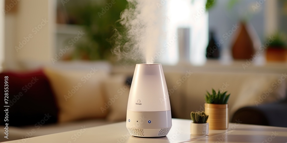 Poster A compact, straightforward description of the image featuring a humidifier sitting on top of a table next to a potted plant.