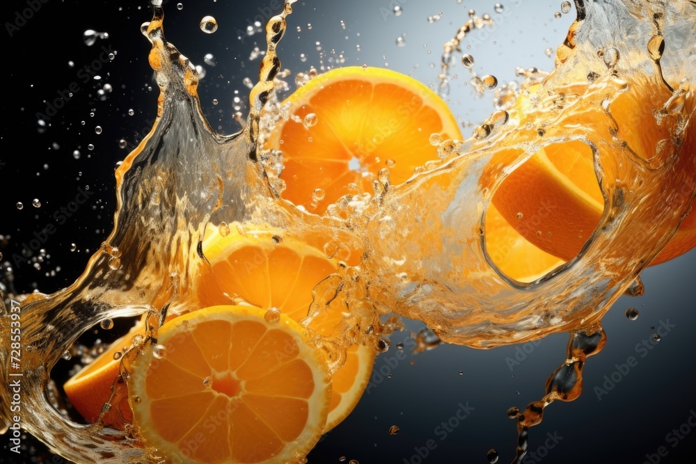 Poster oranges falling into the water with a splash. suitable for food photography and refreshing summer co