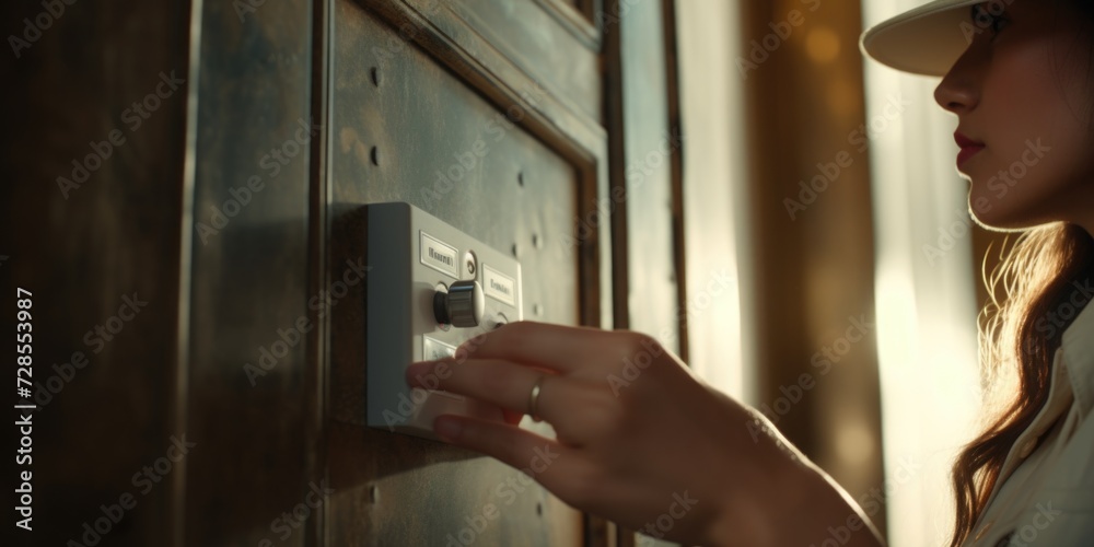 Poster a woman in a white hat is seen reaching out to touch a light switch. this image can be used to illus