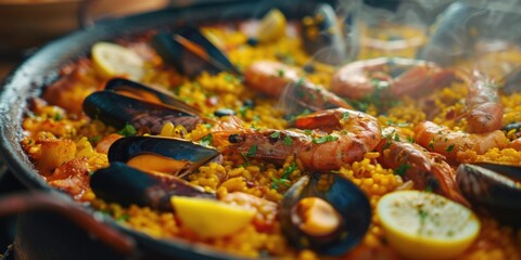 A delicious pan filled with a variety of seafood and rice, perfect for a hearty meal.