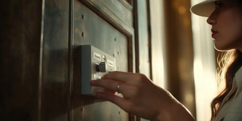 A woman in a white hat is seen reaching out to touch a light switch. This image can be used to illustrate concepts related to home automation, energy efficiency, or electricity control