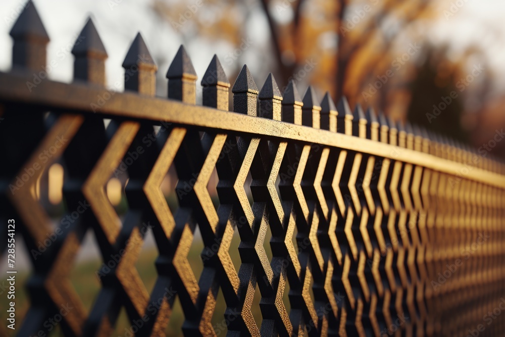Poster A metal fence with an elegant golden pattern. Perfect for adding a touch of sophistication to any outdoor space