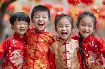 Children laugh heartily, dressed in vibrant traditional Chinese clothing