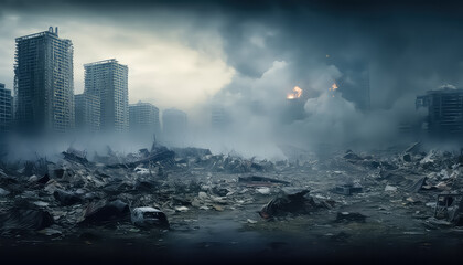 Apocalypse in the Big City Gray Smog and Mountains of Garbage , Environmental eco safe Conservation