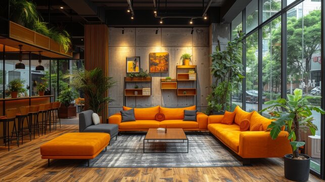 "Espace de vie int&eacute;rieur moderne et chaleureux : Canap&eacute; et fauteuils orange vif"