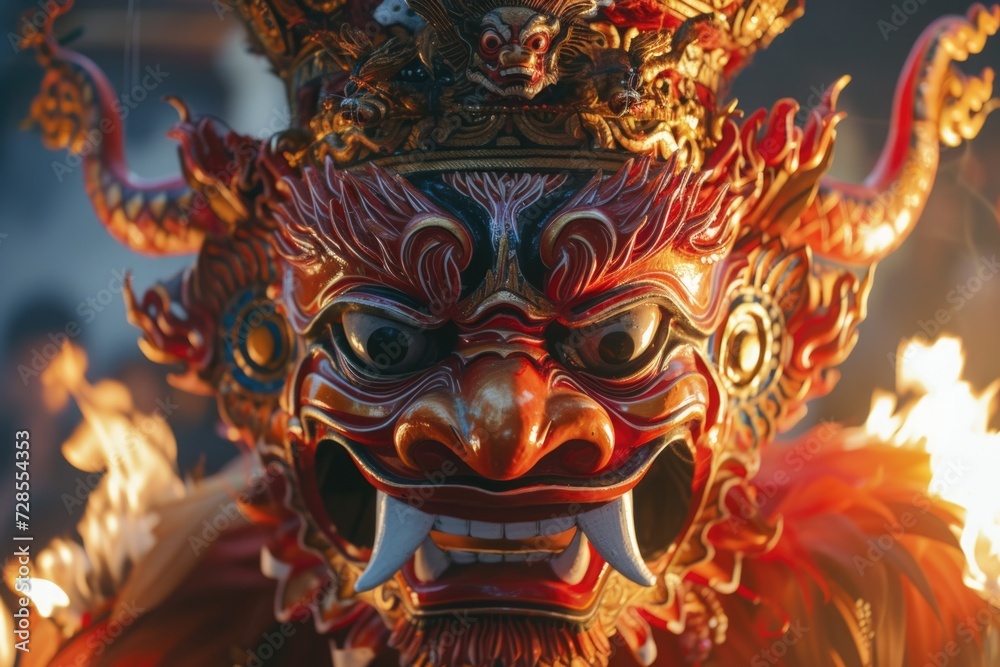 Poster A close-up view of a mask with flames in the background. Perfect for adding a fiery touch to any design or project