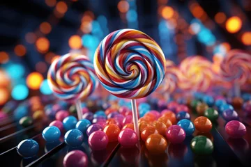 Küchenrückwand glas motiv Candycane and lollipop close-up on a colorful candy background, generative IA © Gabriel