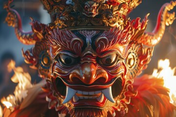 Obraz premium A close-up view of a mask with flames in the background. Perfect for adding a fiery touch to any design or project