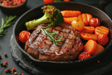 Grilled beef steak with grilled vegetables, with carrots, tomatoes, in a cast iron pan. AI Generated