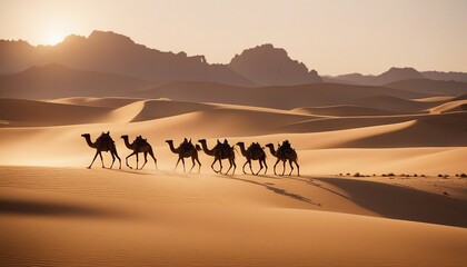 Fototapeta na wymiar Camels moving in single file across the Arabian desert at sunset