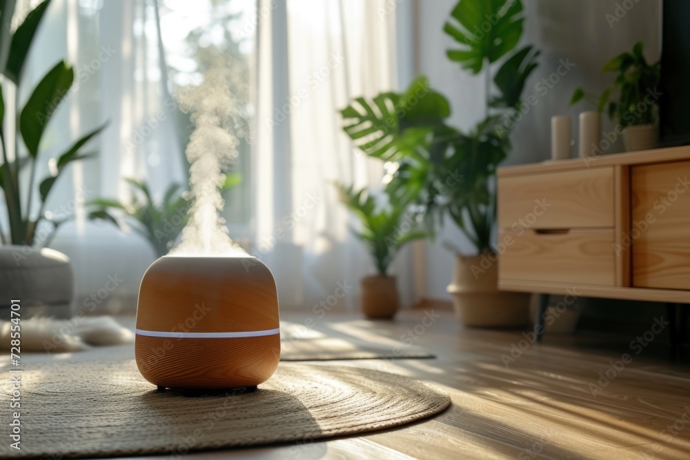 Poster a humidifier sitting on a rug in a living room. perfect for adding moisture to the air and creating 
