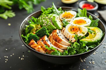 A colorful bowl of keto salad with grilled chicken, boiled eggs, avocado, and fresh greens, sprinkled with sesame seeds, offers a nutritious and delicious meal option