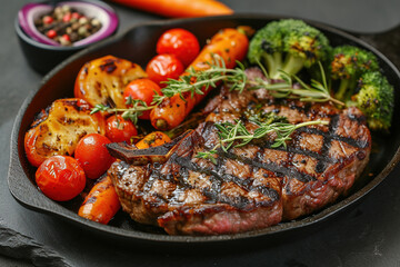 Grilled beef steak with grilled vegetables, with carrots, tomatoes, in a cast iron pan. AI Generated