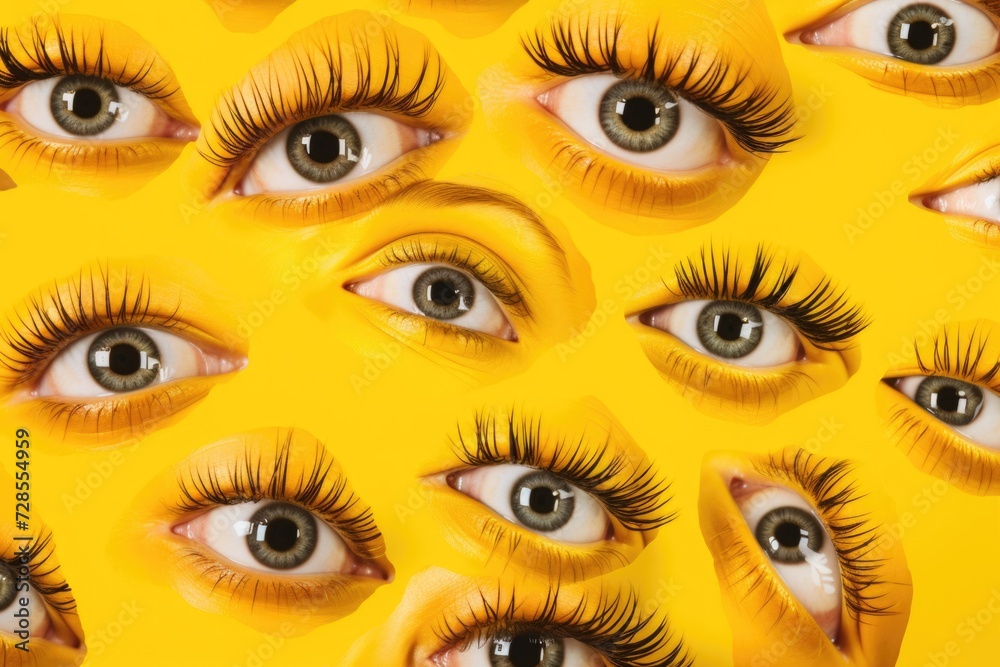 Poster a detailed view of a person's eyes with long and beautiful eyelashes. this image can be used for var