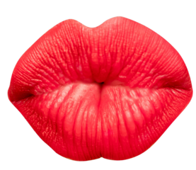Closed female mouth with pink lipstick showing kissing lips isolated over transparent background. Love, passion. Concept of human emotions, face part, makeup, dental care