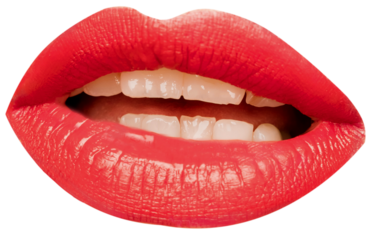 Open female mouth with white teeth, red lipstick isolated over transparent background. Emotive face. Concept of human emotions, face part, makeup, dental care