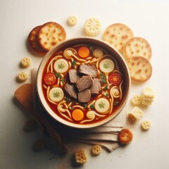 bowl of vegetable soup with mushrooms and meat
