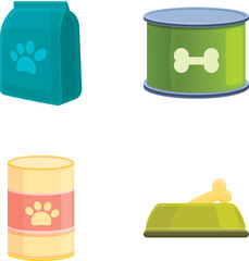 Pet food icons set cartoon vector. Dog food package and bone in bowl. Domestic animal, care concept