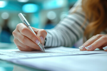  a person filling out voting ballot paper forms for election.