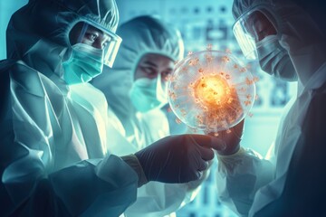 Scientists in protective gear studying virus model in high-security laboratory.