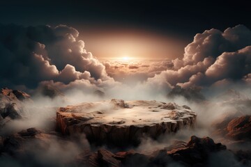 Futuristic sky volcano podium for product display. Clouds and space promotion.