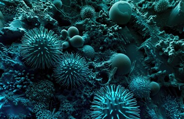 Naklejka na ściany i meble Microbial Landscape with Bacterial Colonies and Fungi in Blue Hues for Biology Research