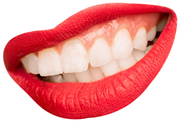 Female mouth with red lipstick showing white perfect teeth isolated over transparent background. Whitening. Concept of human emotions, face part, makeup, dental care