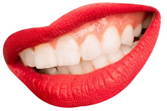 Female mouth with red lipstick showing white perfect teeth isolated over transparent background. Whitening. Concept of human emotions, face part, makeup, dental care