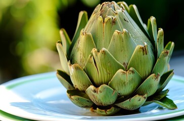 A green artichoke adds a fresh touch to a blue and white plate, creating an artistic vegetable decoration concept