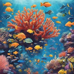 "Create an image showcasing the vibrant underwater life of a coral reef, with a variety of fish species coexisting in their natural habitat." - 1