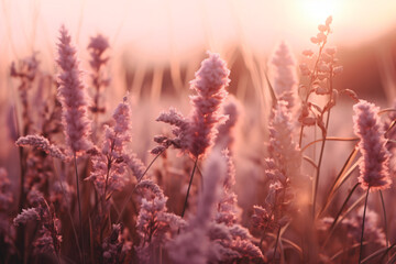 the fields of lavender at sunset, in the style of dark pink and light bronze