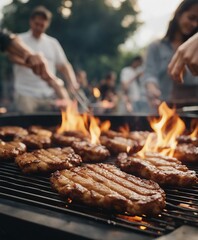 close up of fried steaks on the barbecue, blurred image of people having fun together in the background

 - obrazy, fototapety, plakaty